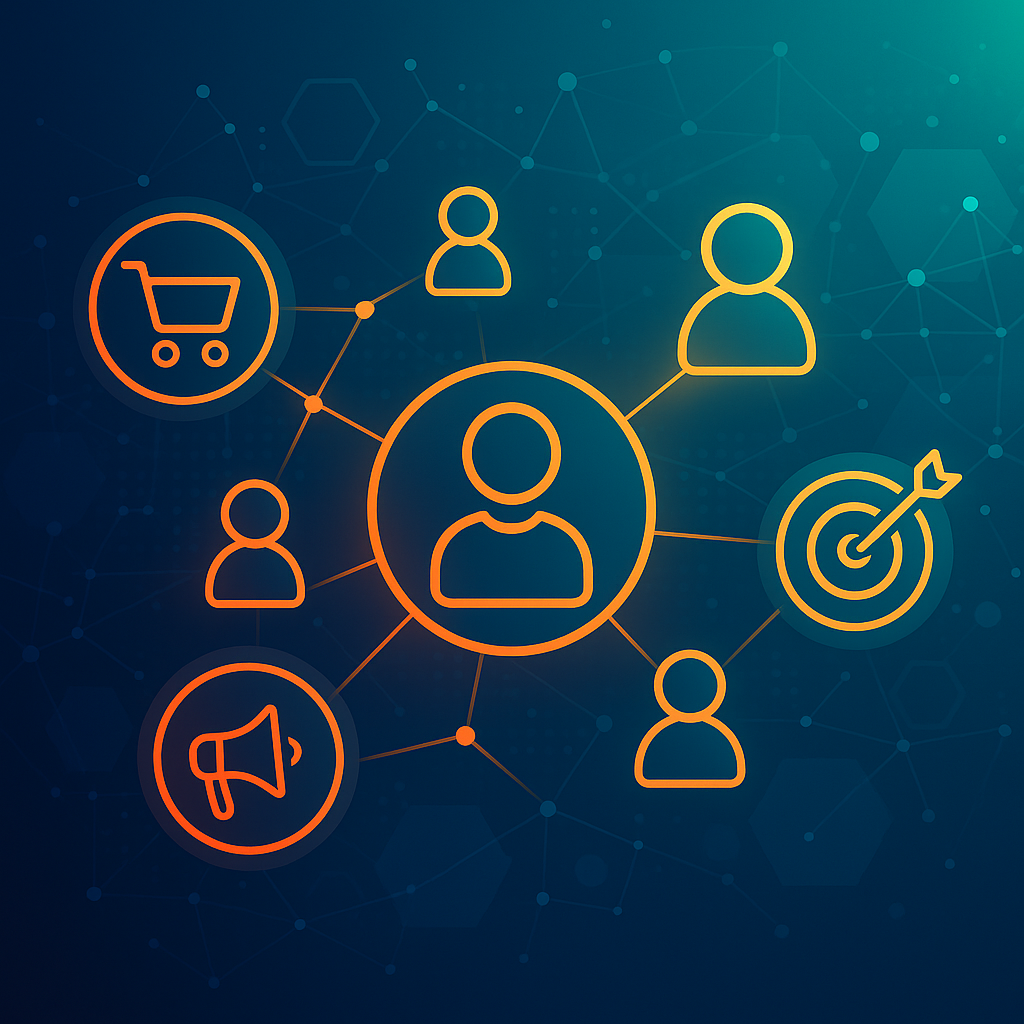 OfferLab super‑funnel network illustration with shopping cart, people and target icons connected